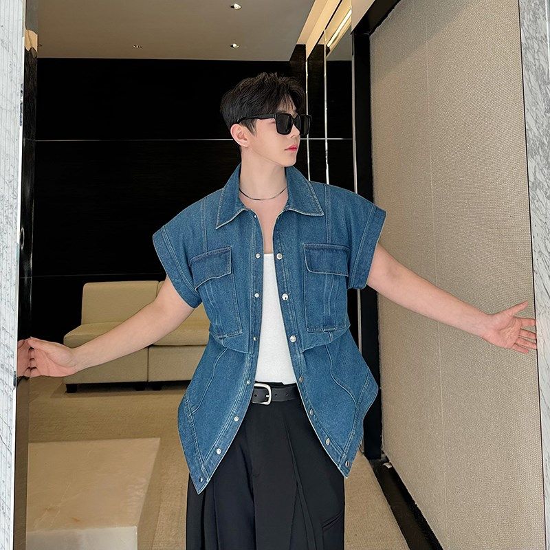 韩国小众设计师款复古美式水洗皱褶大口袋牛仔马甲男坎肩无袖外套,淘宝优惠券,粉丝福利购,淘宝优惠卷