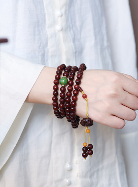 静一手作爆满金星小叶紫檀多圈手链雕刻莲花非遗大漆手串项链饰品