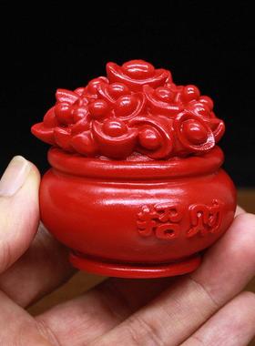 朱砂家居风水招财摆件聚宝盆香炉文武财神供奉摆设红色辰砂吉祥物