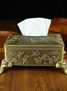 纯铜餐巾纸盒铜艺铜器家居客厅桌面复古黄铜山水楼阁抽纸盒摆件