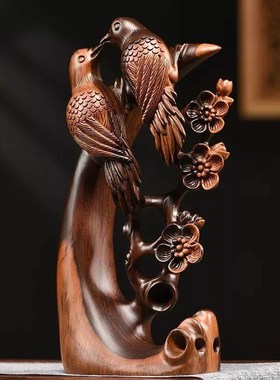 优选黑檀木雕喜上眉梢喜鹊摆件家居客厅电视柜根雕红木工艺品乔迁