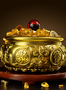 优选实心纯铜聚宝盆铜摆件招財客厅家居办公室店铺存钱罐黄铜米缸