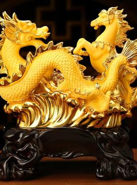 上善若水 树脂财富共赢龙马摆件 聚宝盆生肖龙开 业招财工艺礼品