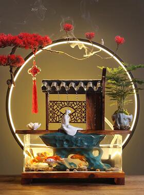 小型鱼缸摆件创意办公室客厅景观循环流水招财桌面开 业装饰品造