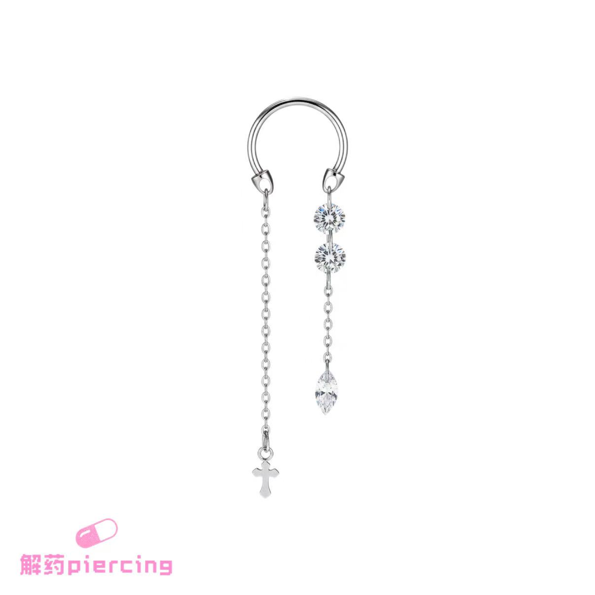 钛合金锆石马蹄环吊坠耳链流苏耳环防过敏养耳洞16g气质耳钉耳饰 - 图0