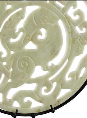 新中式家居书房酒店样板间玄关软装镂空雕刻桌面白色玉片玉璧摆件