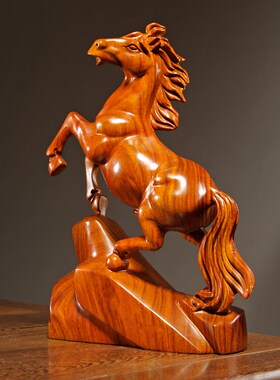 优选花梨木雕马摆件实木十二生肖马到成功家居客厅公司摆设红木工