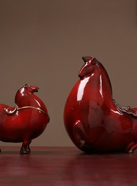 紫砂陶创意唐马现代中式瓷器摆件家居装饰品店铺开业礼品酒柜装饰