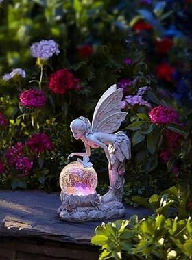 新款童话花仙子摆件花园水晶球女孩雕像太阳能灯装饰品树脂工艺品
