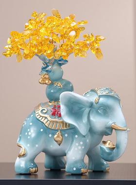 大象摆件一对招财纳福客厅玄关电视柜装饰品 创意水晶树新家摆设