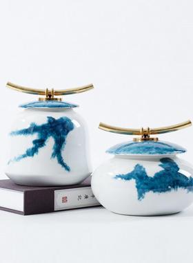 现代新中式水墨陶瓷罐摆件样板酒店客厅玄关桌电视柜摆设软装饰品