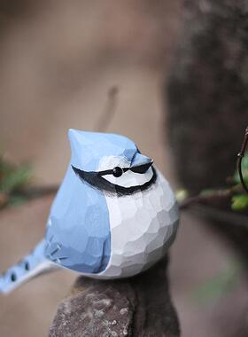 鹿妖商店 肥啾 木雕小鸟 冠蓝鸦 生日礼物 纯手工 实木桌面摆件