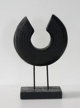 侘寂风木质圆形装饰摆件玄关客厅家居复古民宿中式金属底座摆设