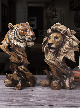 欧式仿真鹰头摆件老虎头雕塑树脂道具玄J关办公室桌面动物头像装