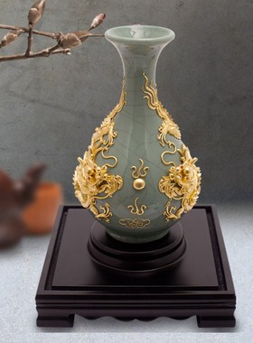 双龙玉壶春哥窑瓶 漆线雕花瓶新中式家居陶瓷Q工艺品摆件厦门特产