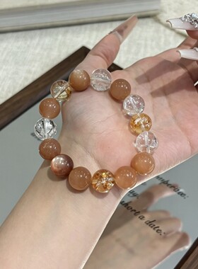 【鎏橘】天然橙月光白水晶金箔胶花手串轻奢高级感粉锂云母手链
