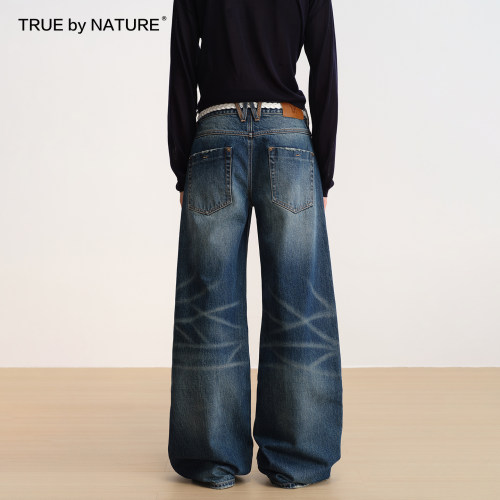 TRUE by NATURE 蓝色复古洗水低腰直筒宽松做旧磨破长款牛仔裤 - 图2