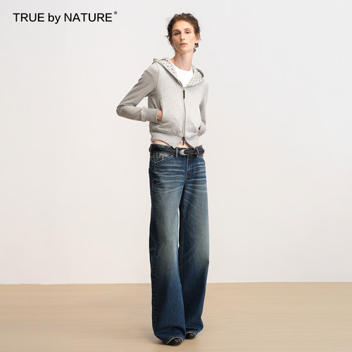 TRUE by NATURE 蓝色复古洗水低腰直筒宽松做旧磨破长款牛仔裤 - 图3