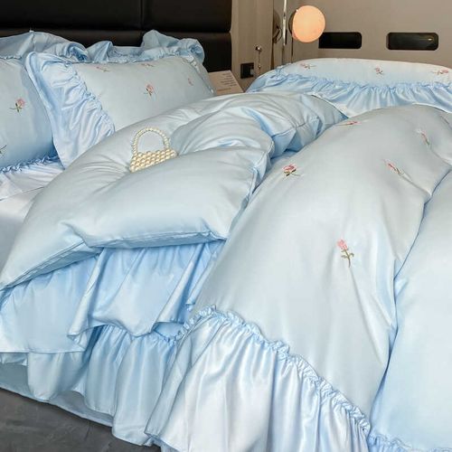 优选法式复古玫瑰刺绣冰丝四件套天丝被套夏季床单公主风床品高级 - 图0