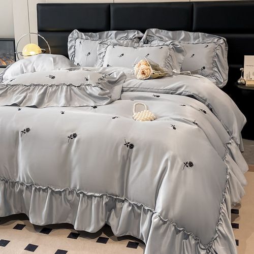 优选法式复古玫瑰刺绣冰丝四件套天丝被套夏季床单公主风床品高级 - 图3