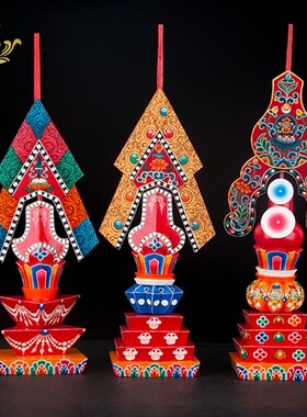 三根本朵玛尼泊尔进口彩绘实木藏式G上师本尊空行酥油花整套摆件