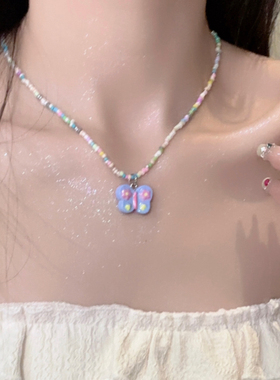 彩色蝴蝶串珠项链女甜美儿童夏日可爱卡通锁骨链潮