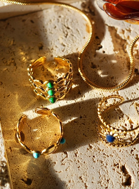 波西米亚彩色石多层小众戒指浪漫度假戒指钛钢