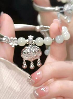 平安锁铃铛手镯半镯半链绿珠手链长命锁新中式复古送女友新款