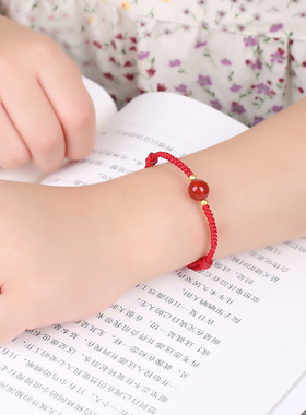 普陀山儿童小红绳宝宝小孩本命年红绳手工编织红玛瑙手链天然