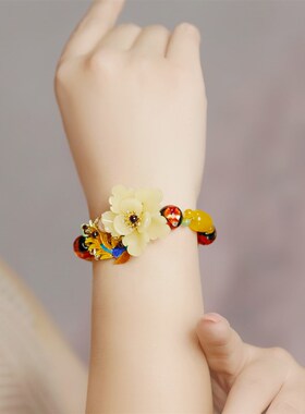 复古花朵琉璃手链古风超仙黄色手串手饰女中国风手绳编织百搭饰品