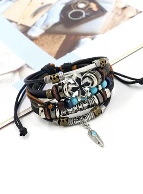 民族风复古饰品 男女通用多层串珠十字架手链 时尚个性仿松石手饰