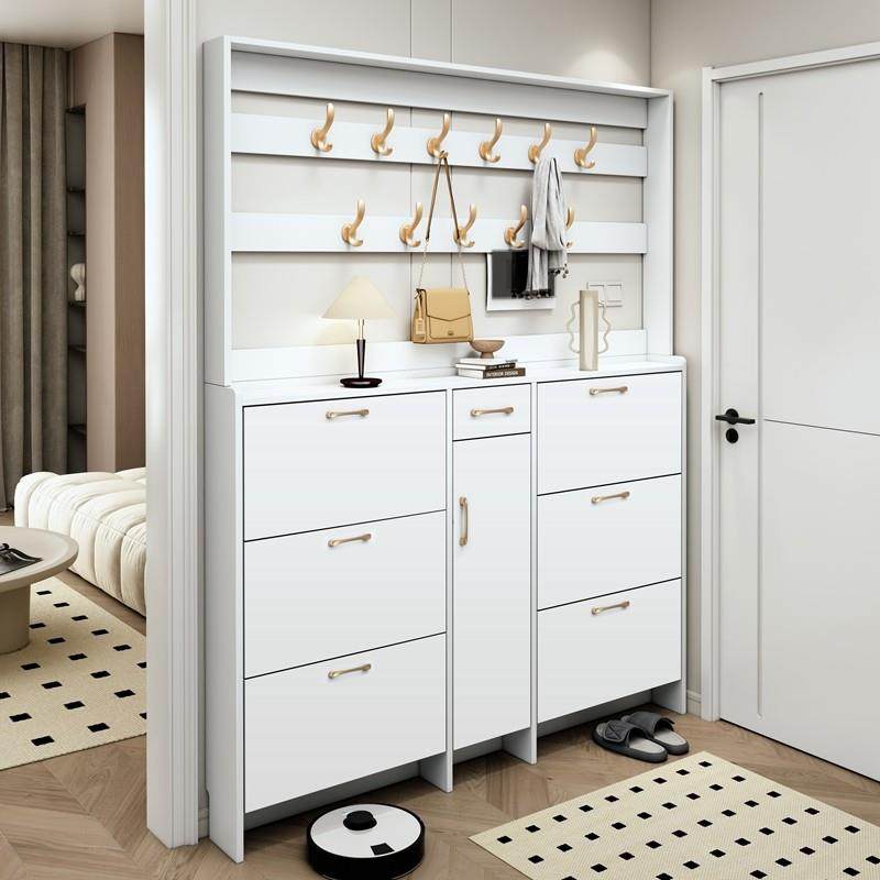 实木翻斗鞋柜家用门口大容量超薄带衣架简约现代白色多功能门厅柜,淘宝优惠券,粉丝福利购,淘宝优惠卷