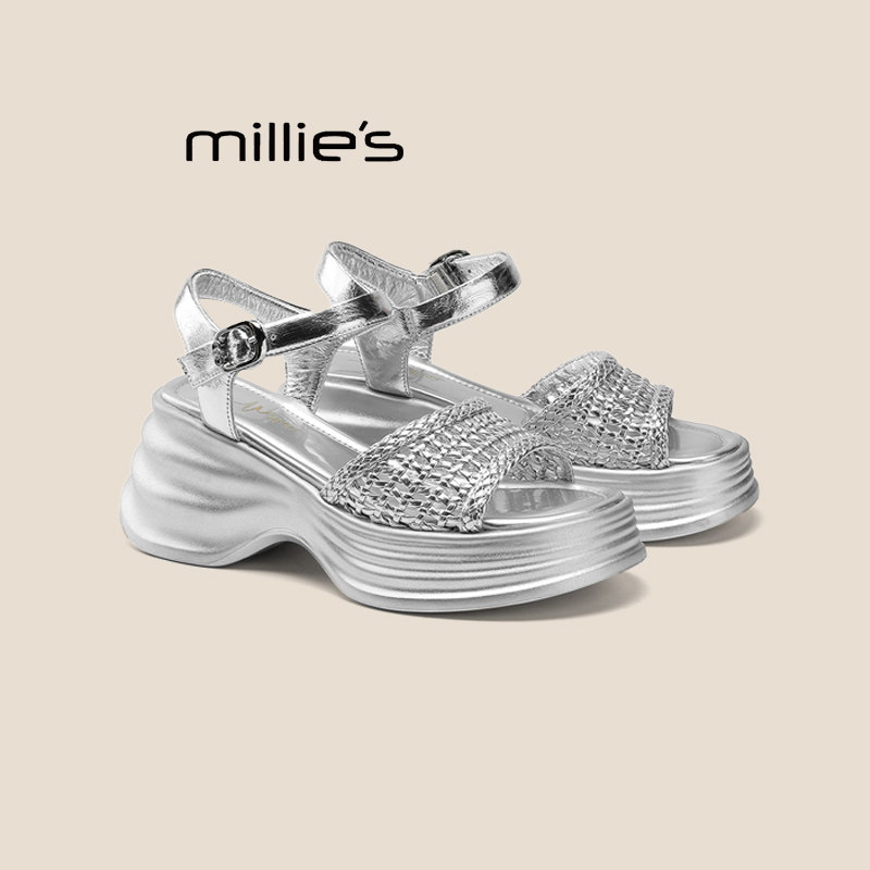 MILLIE'S/妙丽增高鱼嘴编织一字带凉鞋女夏厚底坡跟超高跟罗马鞋,淘宝优惠券,粉丝福利购,淘宝优惠卷