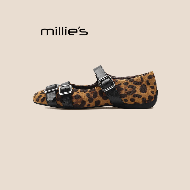 MILLIE'S/妙丽豹纹玛丽珍鞋2026春季法式复古小皮鞋女士平底单鞋,淘宝优惠券,粉丝福利购,淘宝优惠卷
