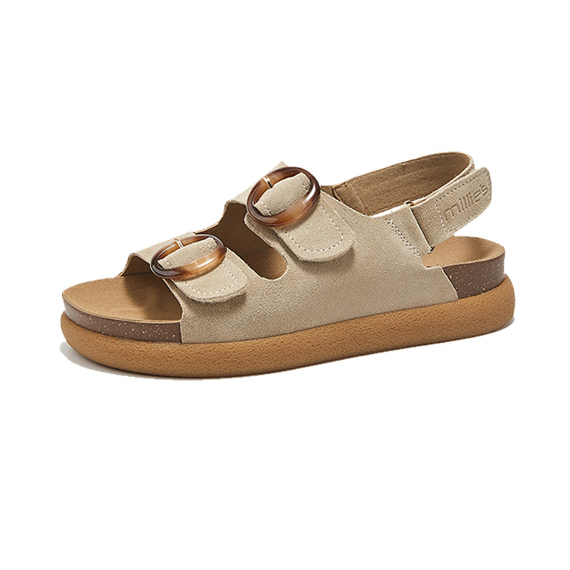 妙丽真皮厚底勃肯凉鞋女夏季新款罗马鞋魔术贴百搭休闲运动沙滩鞋,淘宝优惠券,粉丝福利购,淘宝优惠卷