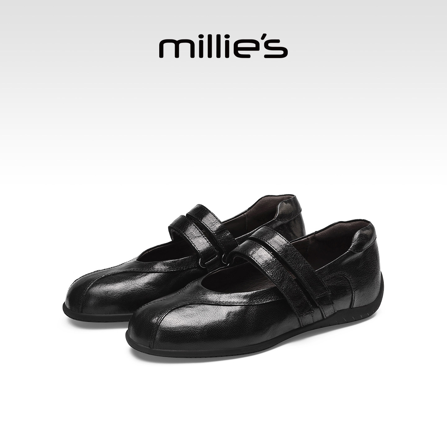 MILLIE'S/妙丽芭蕾玛丽珍鞋女黑色真皮平底魔术贴百搭休闲单鞋Z,淘宝优惠券,粉丝福利购,淘宝优惠卷
