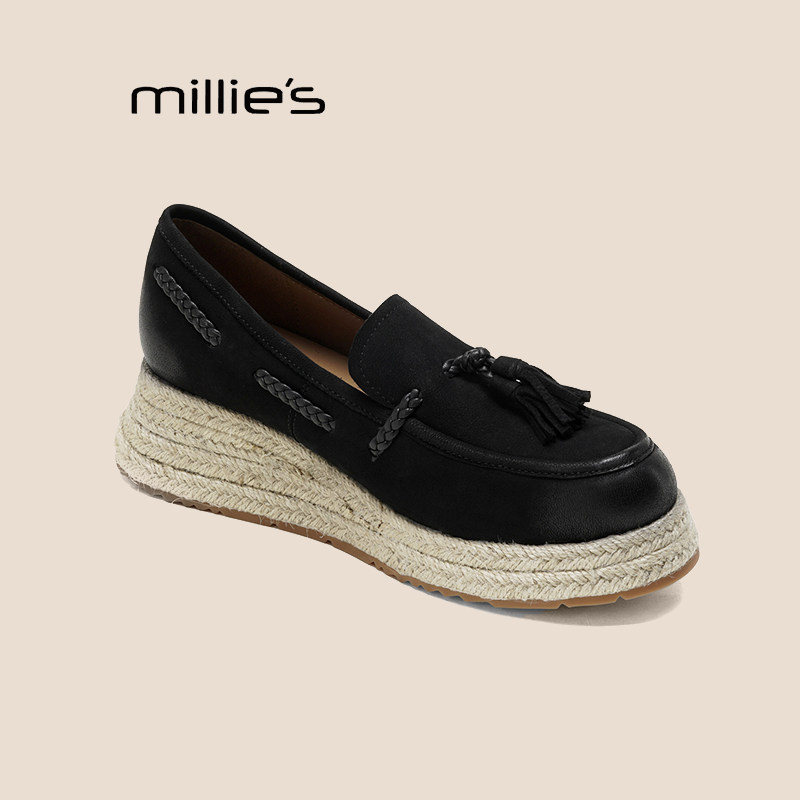 MILLIE'S/妙丽流苏厚底乐福鞋女款新款草编一脚蹬英伦风小皮鞋秋,淘宝优惠券,粉丝福利购,淘宝优惠卷