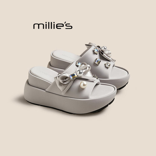 MILLIE'S/妙丽2025夏新款一字方头拖鞋女夏季外穿厚底增高凉拖鞋 - 图0