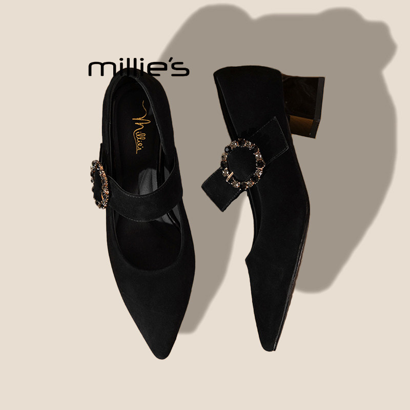 MILLIE'S/妙丽玛丽珍单鞋女粗跟尖头复古高跟鞋女浅口百搭四季鞋,淘宝优惠券,粉丝福利购,淘宝优惠卷