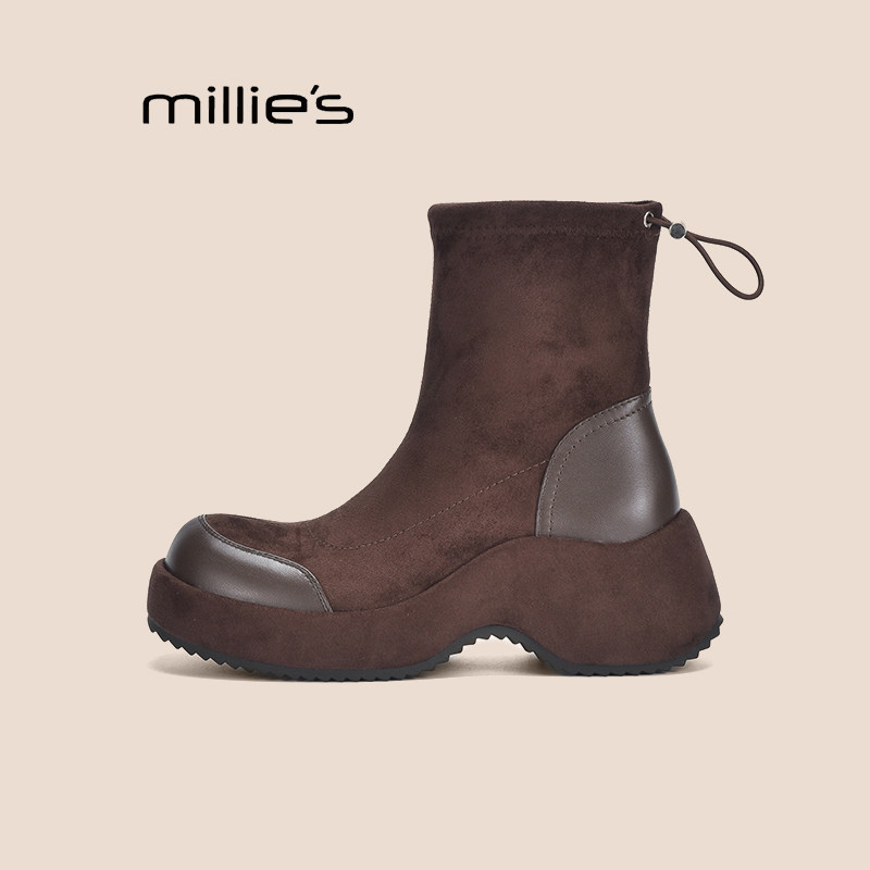 MILLIE'S/妙丽短靴女新款冬季复古小裸靴子女绒面袜靴弹力瘦瘦靴Q,淘宝优惠券,粉丝福利购,淘宝优惠卷
