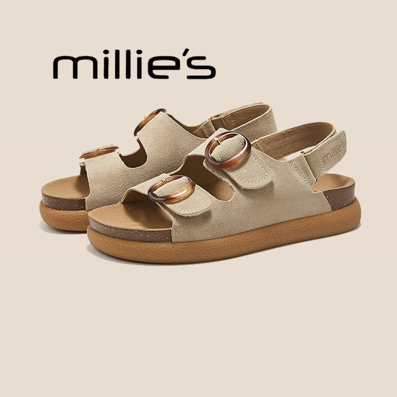 妙丽真皮厚底勃肯凉鞋女夏季新款罗马鞋魔术贴百搭休闲运动沙滩鞋,淘宝优惠券,粉丝福利购,淘宝优惠卷