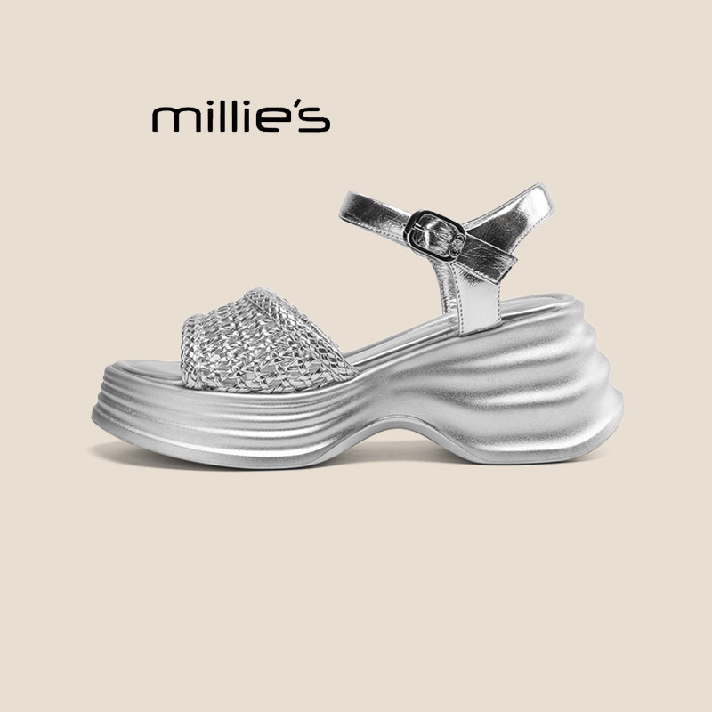 MILLIE'S/妙丽增高鱼嘴编织一字带凉鞋女夏厚底坡跟超高跟罗马鞋,淘宝优惠券,粉丝福利购,淘宝优惠卷