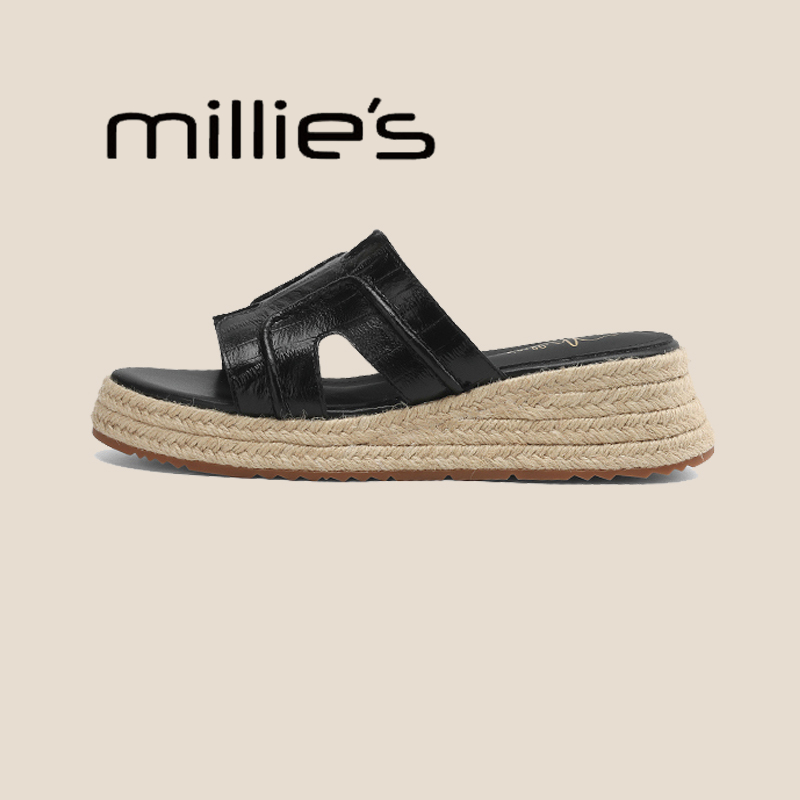 MILLIE'S/妙丽真皮编织增高厚底拖鞋女外穿凉鞋沙滩休闲松糕凉拖 - 图2