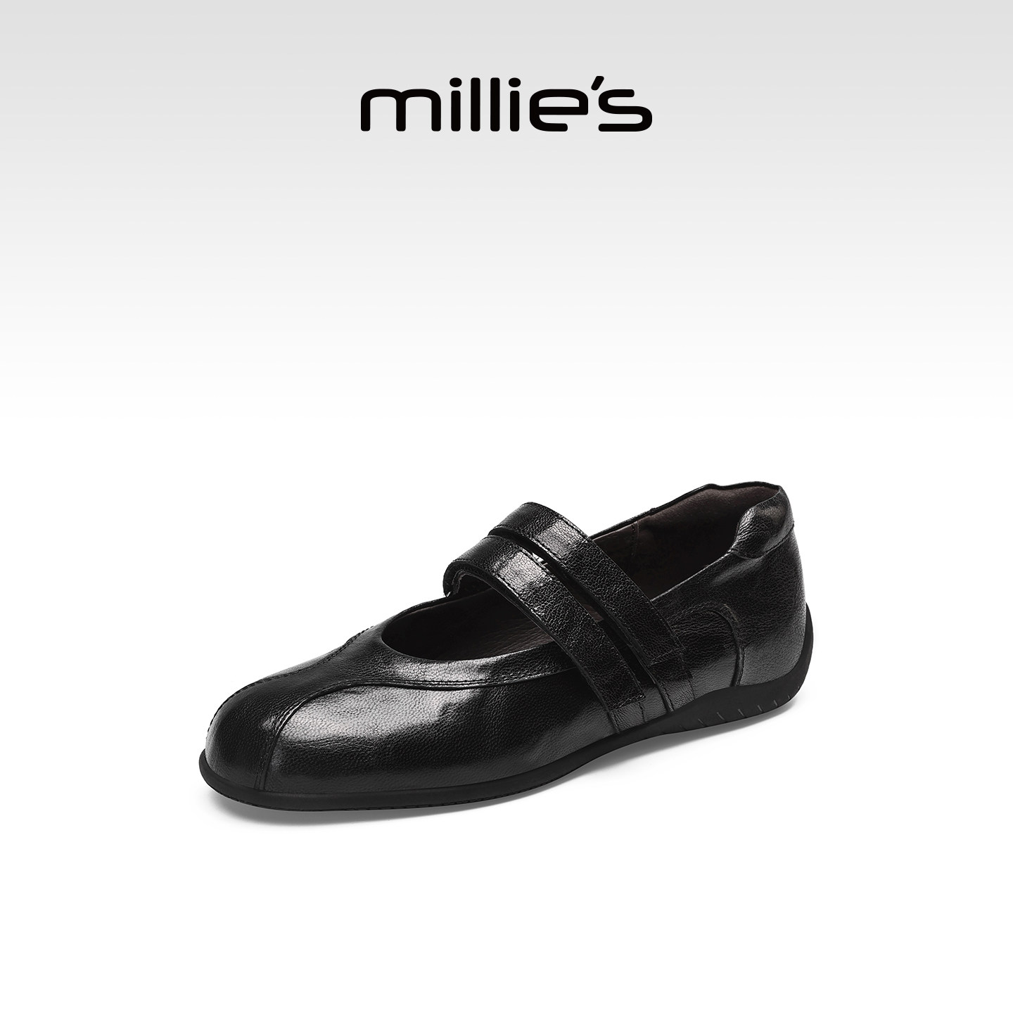 MILLIE'S/妙丽芭蕾玛丽珍鞋女黑色真皮平底魔术贴百搭休闲单鞋Z,淘宝优惠券,粉丝福利购,淘宝优惠卷