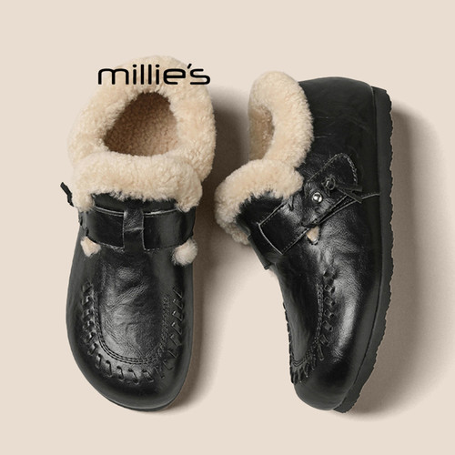 MILLIE'S/妙丽复古加绒全包真皮勃肯鞋冬季新款平底保暖毛毛鞋女Q - 图3
