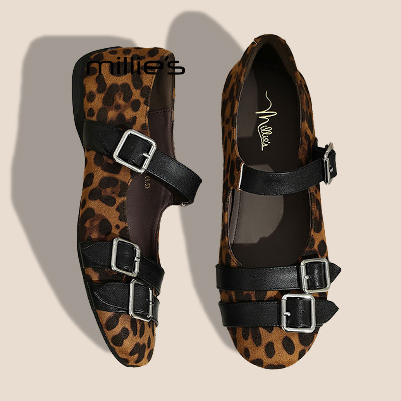 MILLIE'S/妙丽豹纹玛丽珍鞋2026春季法式复古小皮鞋女士平底单鞋,淘宝优惠券,粉丝福利购,淘宝优惠卷