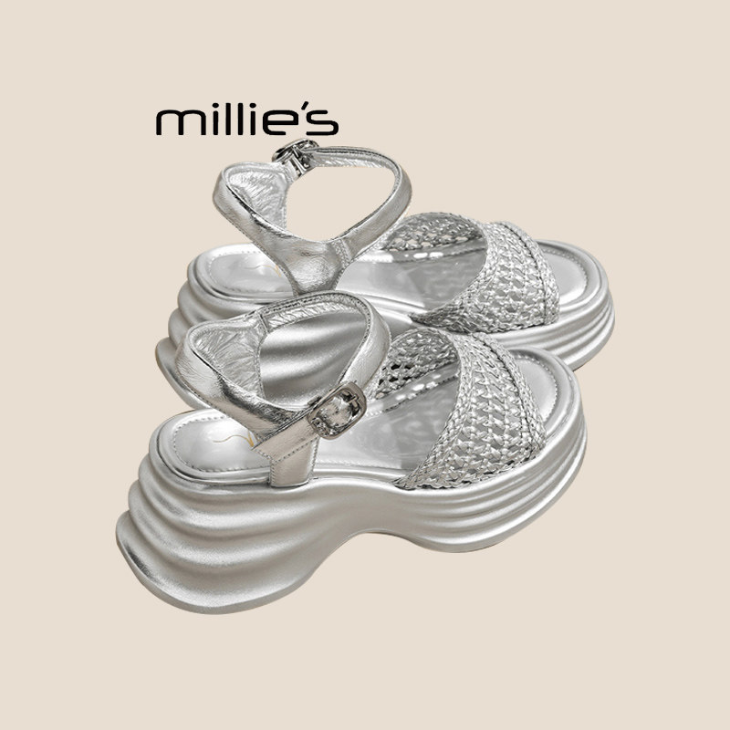MILLIE'S/妙丽增高鱼嘴编织一字带凉鞋女夏厚底坡跟超高跟罗马鞋,淘宝优惠券,粉丝福利购,淘宝优惠卷