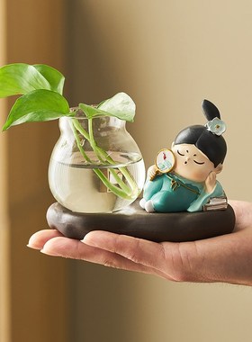 优选唐仕女水培小摆件办公室好物女生电脑办公桌面工位装饰品治愈