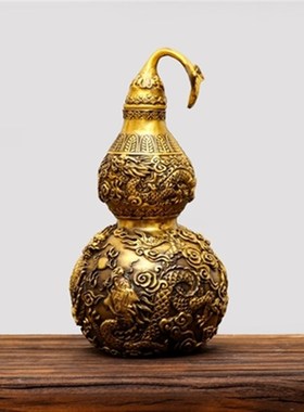 优选纯铜开口招财龙纹铜葫芦摆件开盖葫芦客厅家居办公室桌工艺品