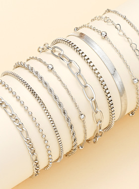Bracelet Sets多层叠戴链条手链欧美合金爱心圆珠手链套装11件套